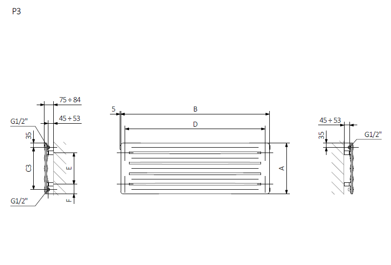 <p>A - высота  B - ширина  C1-C5 – расстояние между стыками  D – расстояние между анкерами в горизонтальном  E – расстояние между опорами в вертикальном<br />
 F  - расстояние от нижней оси точек крепления до нижнего края коллектора</p>
