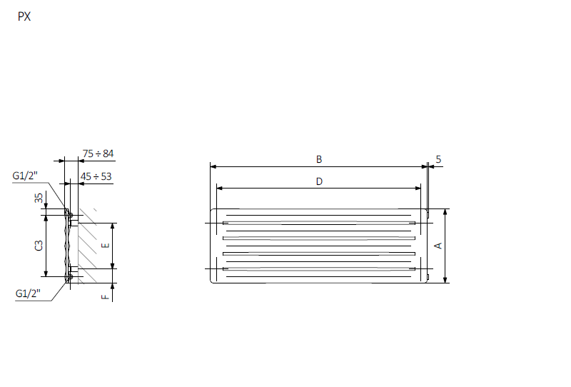 <p>A - высота  B - ширина  C1-C5 – расстояние между стыками  D – расстояние между анкерами в горизонтальном  E – расстояние между опорами в вертикальном<br />
 F  - расстояние от нижней оси точек крепления до нижнего края коллектора</p>
