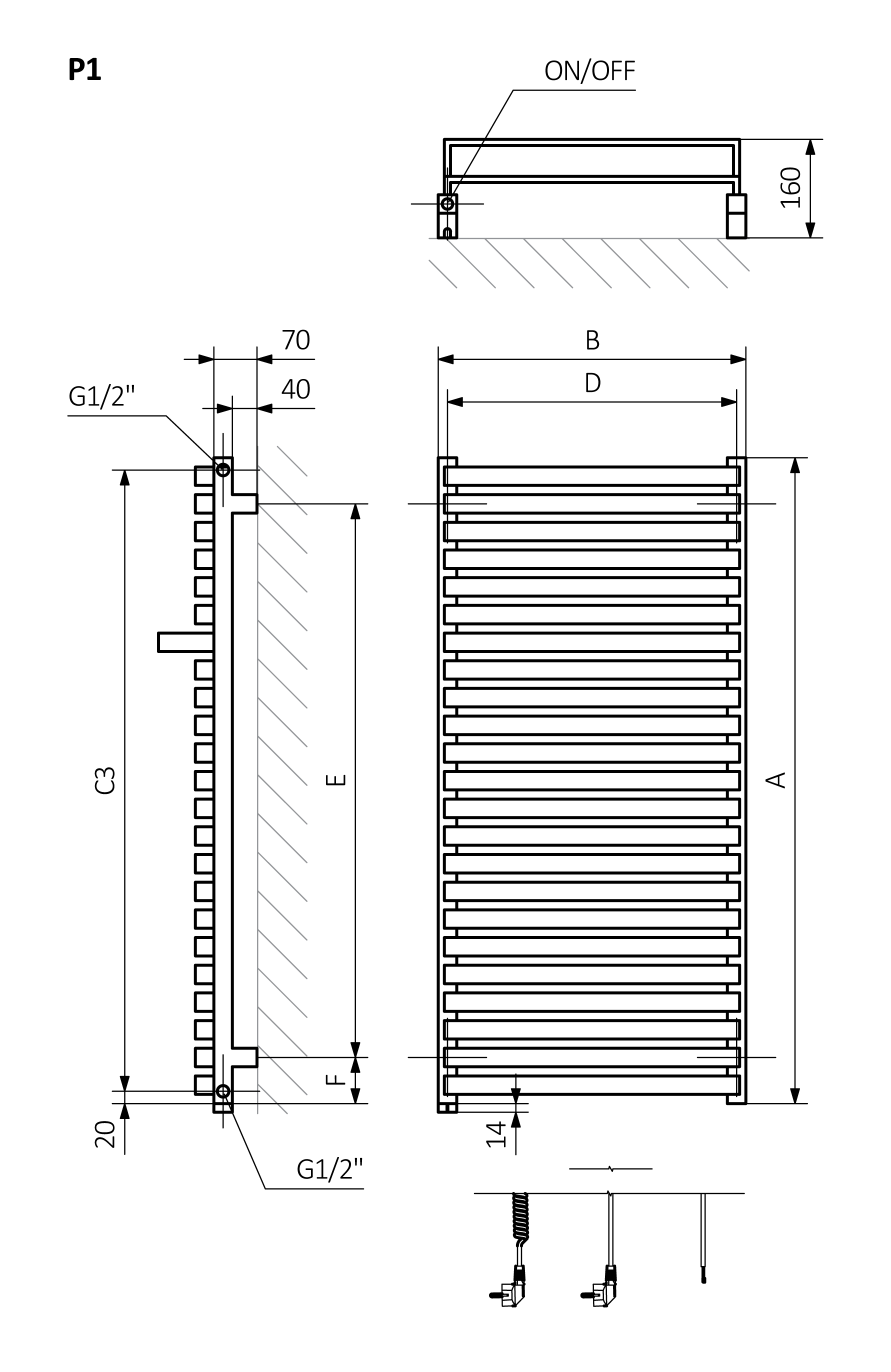 A - высота B - ширина C1-C5 - расстояние между стыками D - расстояние между анкерами в горизонтальном E - расстояние между опорами в вертикальном F - расстояние от нижней оси точек крепления до нижнего края коллектора
