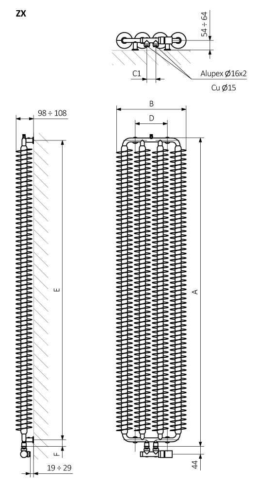 A – высота, B – ширина, C1-C5 – расстояние между осями подключения, D – расстояние между осями крепежей по горизонтали, E – расстояние между осями крепежей по вертикали, F – расстояние от оси нижнего крепежа до нижнего края коллектора.
