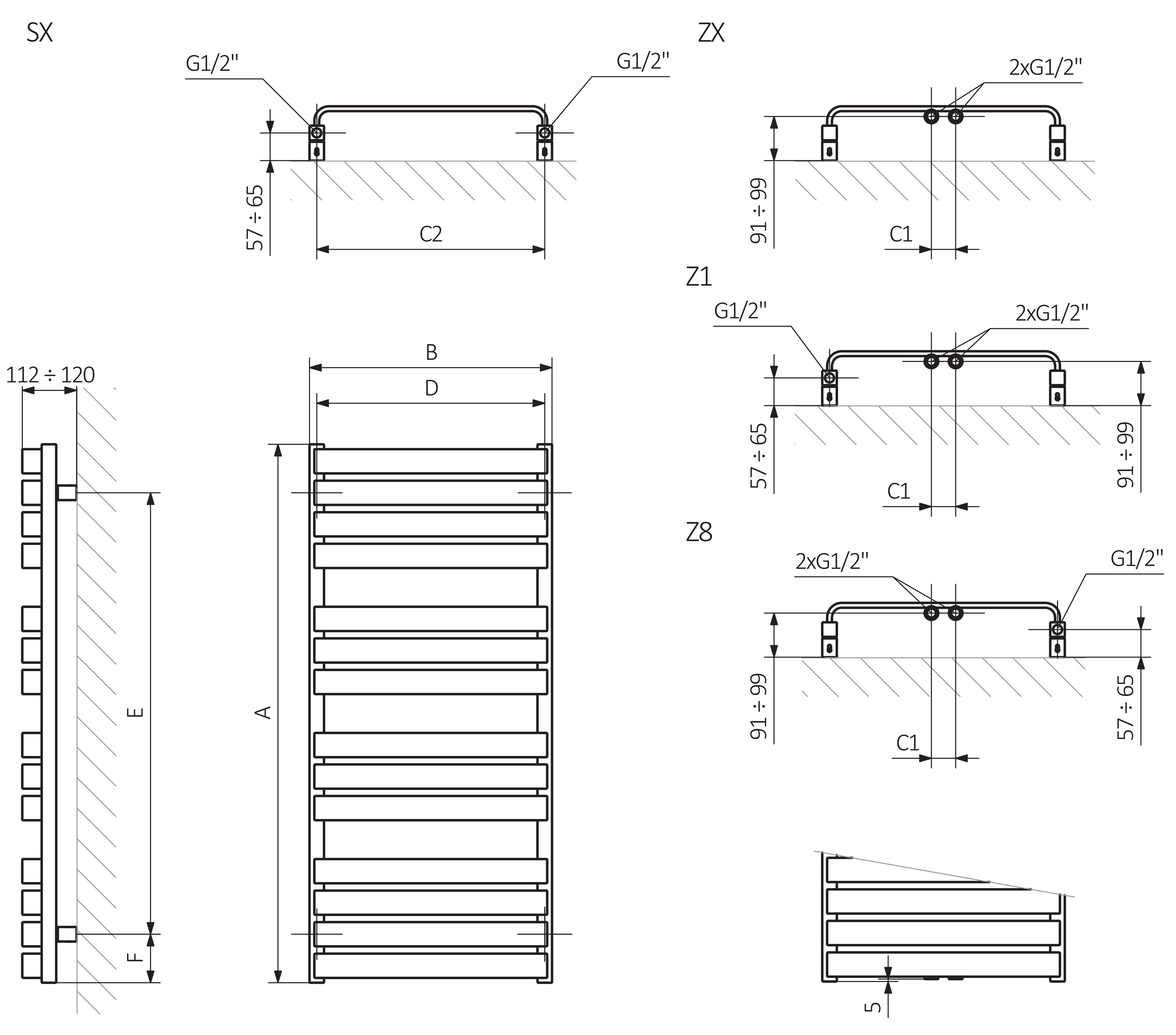 A - высота B - ширина C1-C5 - расстояние между стыками D - расстояние между анкерами в горизонтальном E - расстояние между опорами в вертикальном F - расстояние от нижней оси точек крепления до нижнего края коллектора
